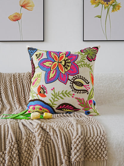 Cream Cushion Cover With Neon Bright Floral Embroidery 18in x 18in