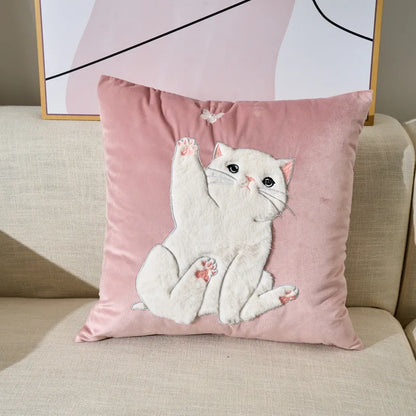 Pink Cat Cushion Covers on Velvet Material - 18in x 18in (45cm x 45cm)