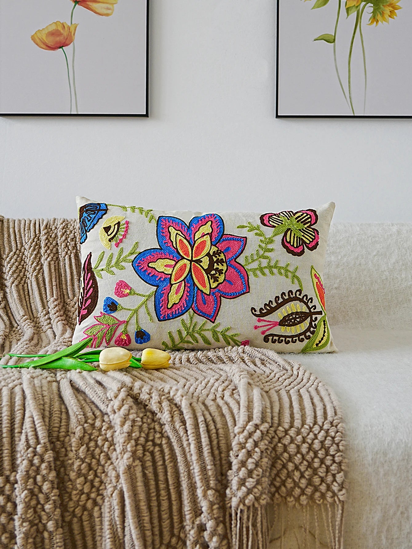 Cream Cushion Cover With Neon Bright Floral Embroidery 12in x 20in