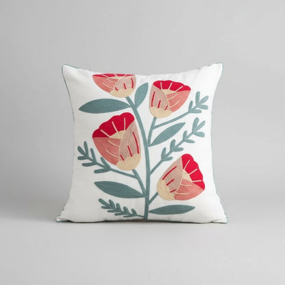 Wild Flower Embroidered Cushion Covers on Off-White Jacquard Canvas