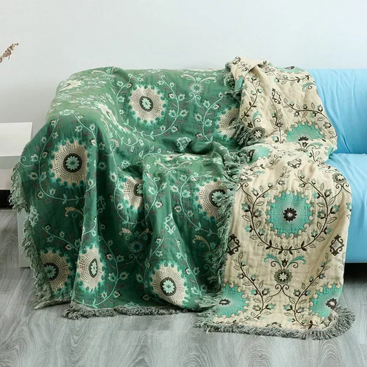 Green & Cream Mandala Floral Cotton Bedspread / Sofa Throw