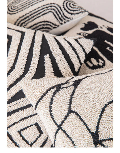 Abstract Art Embroidered Cotton Cushion Covers in Black & Off-White