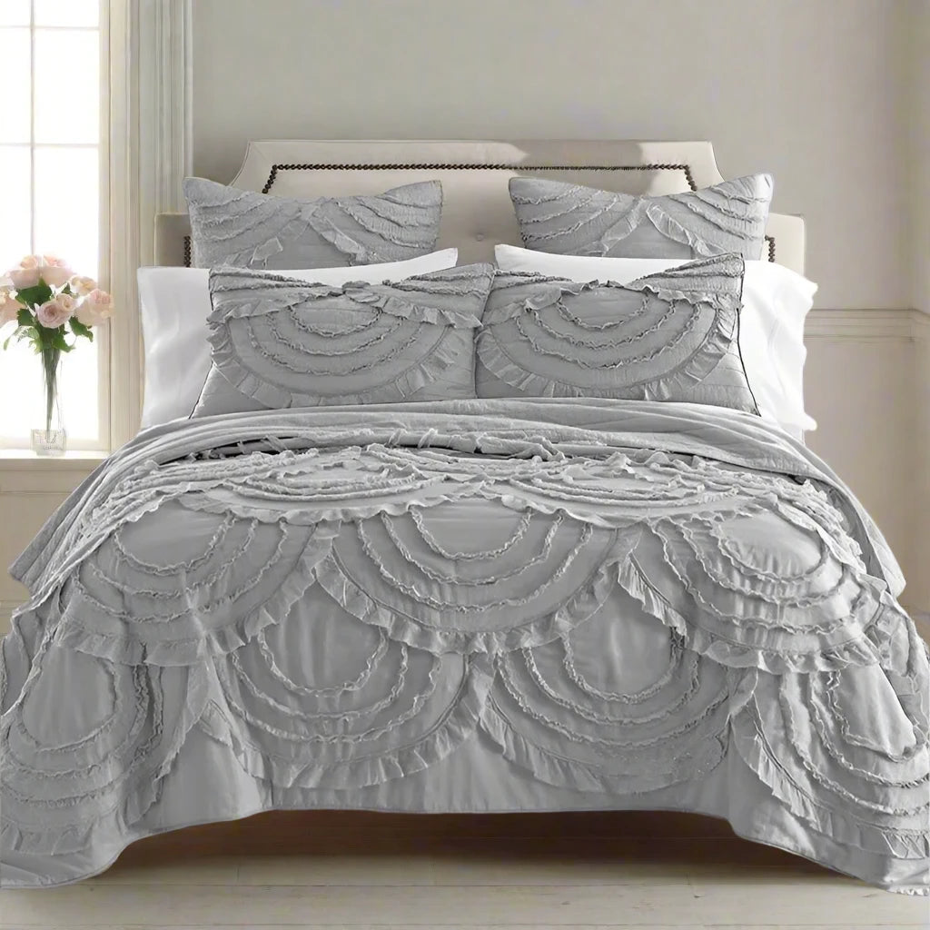 Grey Romantic Modern 3 Piece Bedspread Set with Quilted Lace Applications