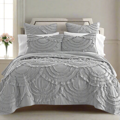 Grey Romantic Modern 3 Piece Bedspread Set with Quilted Lace Applications