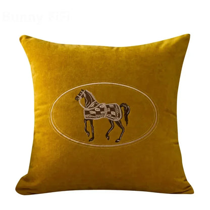 Soft Yellow Cushion Covers With Brown Horse Embroidered on the Front 18in x 18in