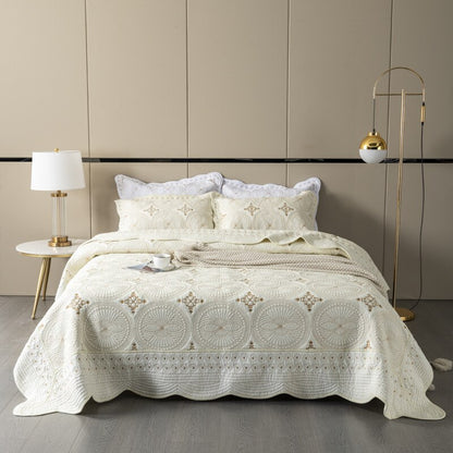 Premium Cream & Gold Embroidered Bedspreads Set - 3 Pieces