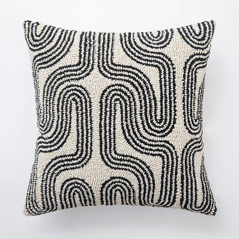 Abstract Art Embroidered Cotton Cushion Covers in Black & Off-White