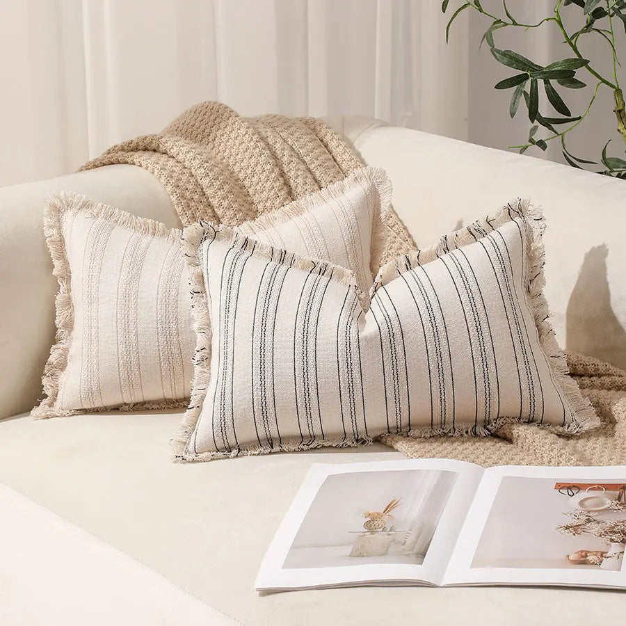 Boho Vintage Style Striped Cushion Covers on Cream Fabric - 12in x 20in (30cm x 50cm)