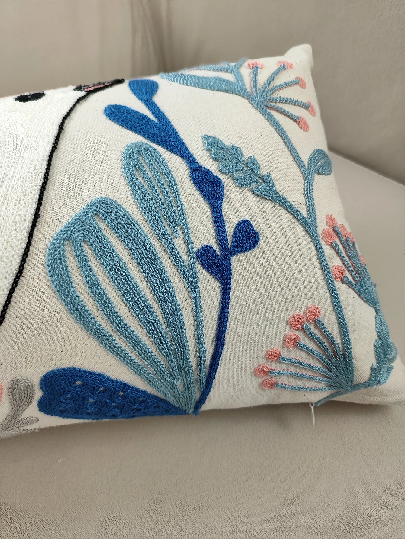 Pink and Blue Bird and Flowers Embroidered Cushion Covers - 3 Sizes
