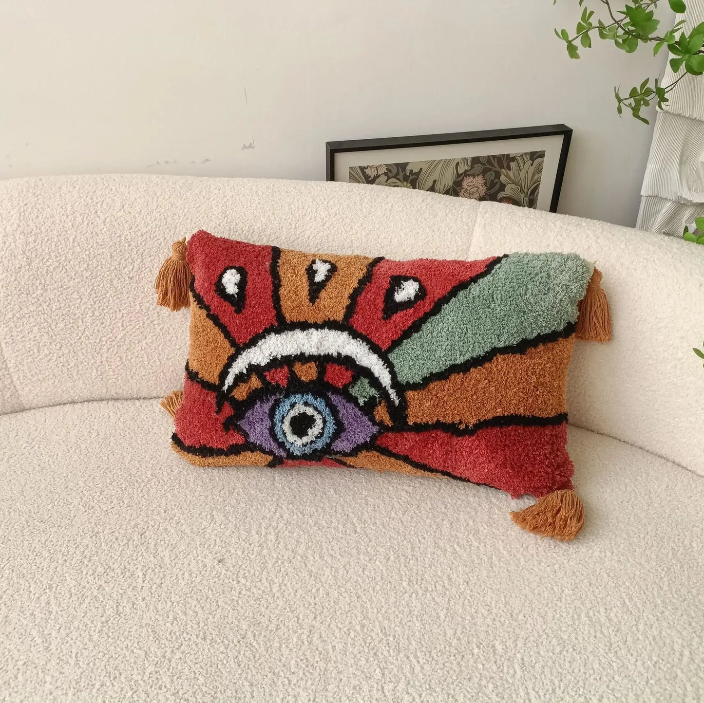 Bright Colour Devil's Eye Tufted Embroidered Cushion Covers With Tassels