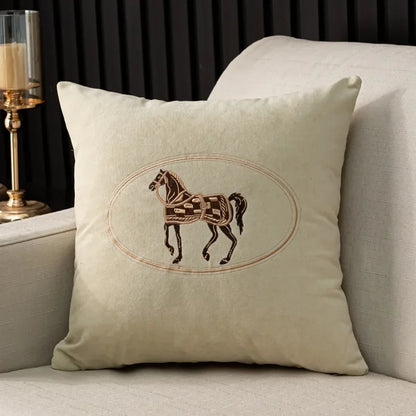 Soft Cream Cushion Covers With Brown Horse Embroidered on the Front 18in x 18in