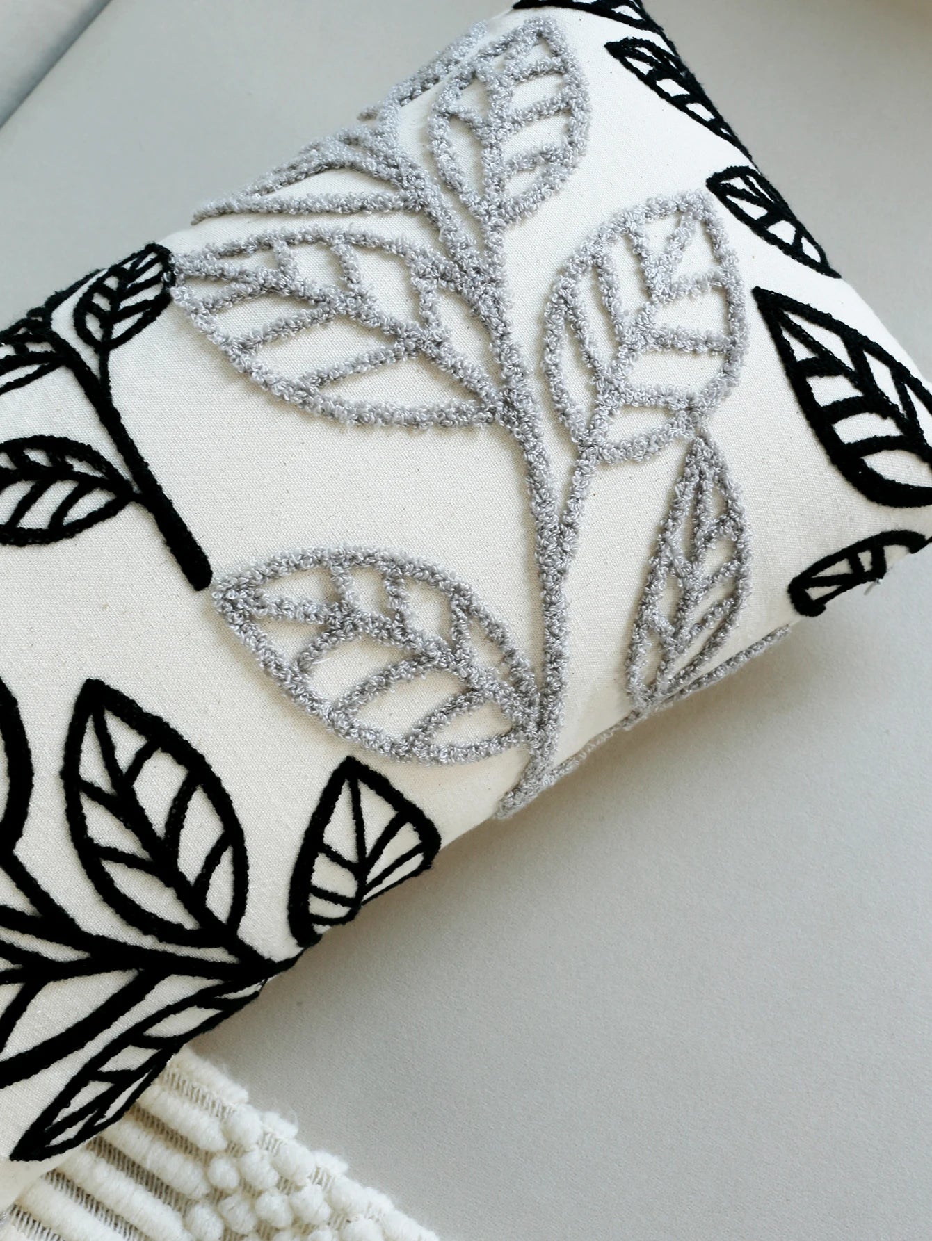Cool Simplistic Black & Grey Embroidered Leaves on Off-White Fabric