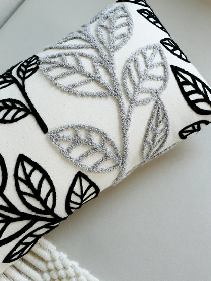Cool Simplistic Black & Grey Embroidered Leaves on Off-White Fabric