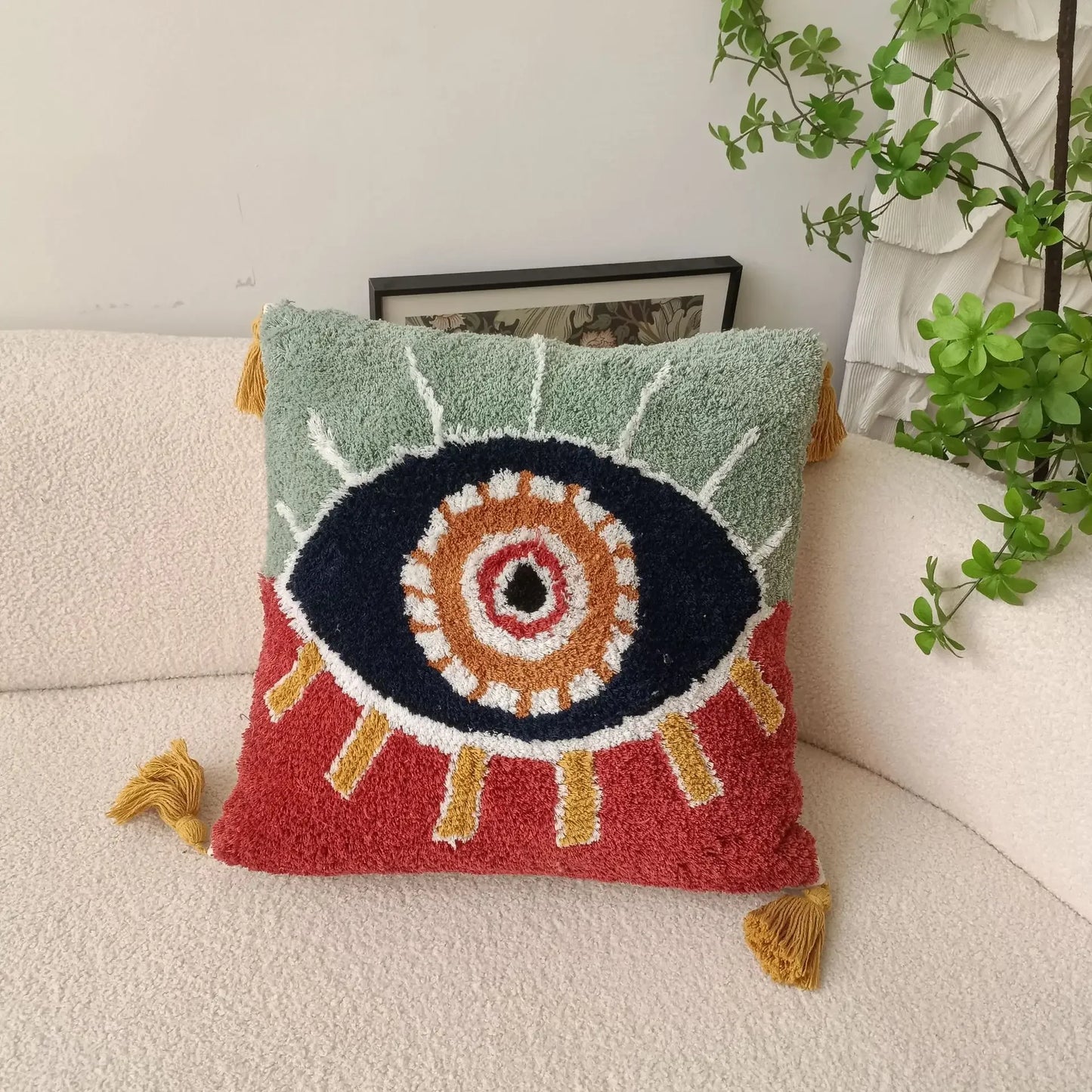 Bright Colour Devil's Eye Tufted Embroidered Cushion Covers With Tassels