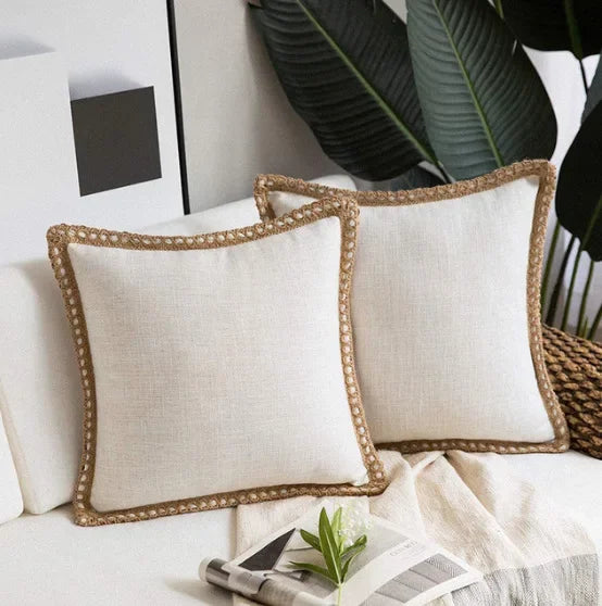 White Nordic Countryhouse Cushion Covers with Jute Decorated Edging