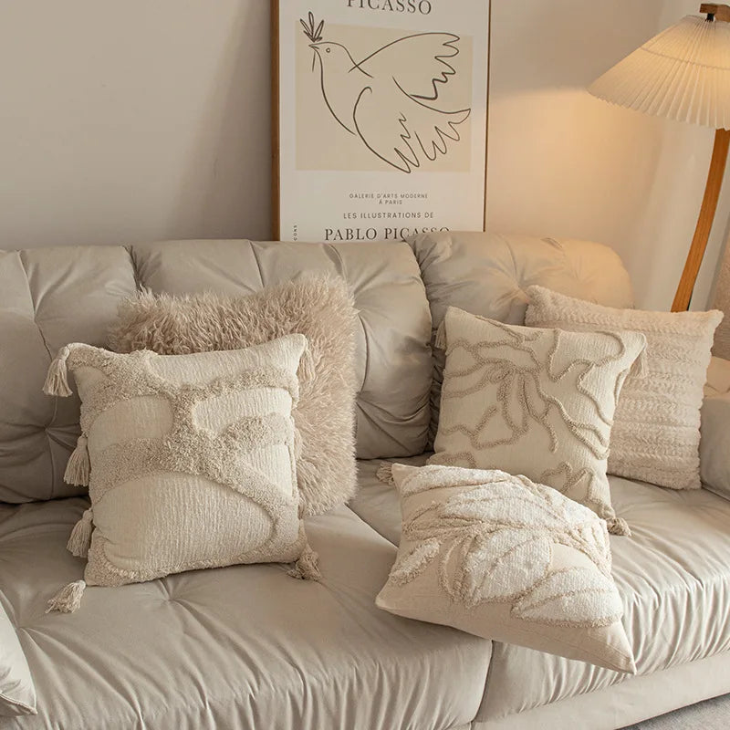 Beige & Cream Tufted and Fluffy Cushion Covers with Tassles