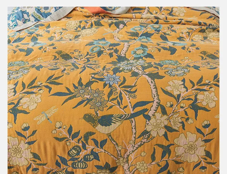 Yellow Retro Floral Bedspread / Sofathrow 100% Cotton - Kingsize & Queensize