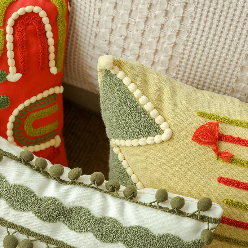 Boho Morroccan Tufted Embroidered Cushion Covers with Pompoms & Tassels
