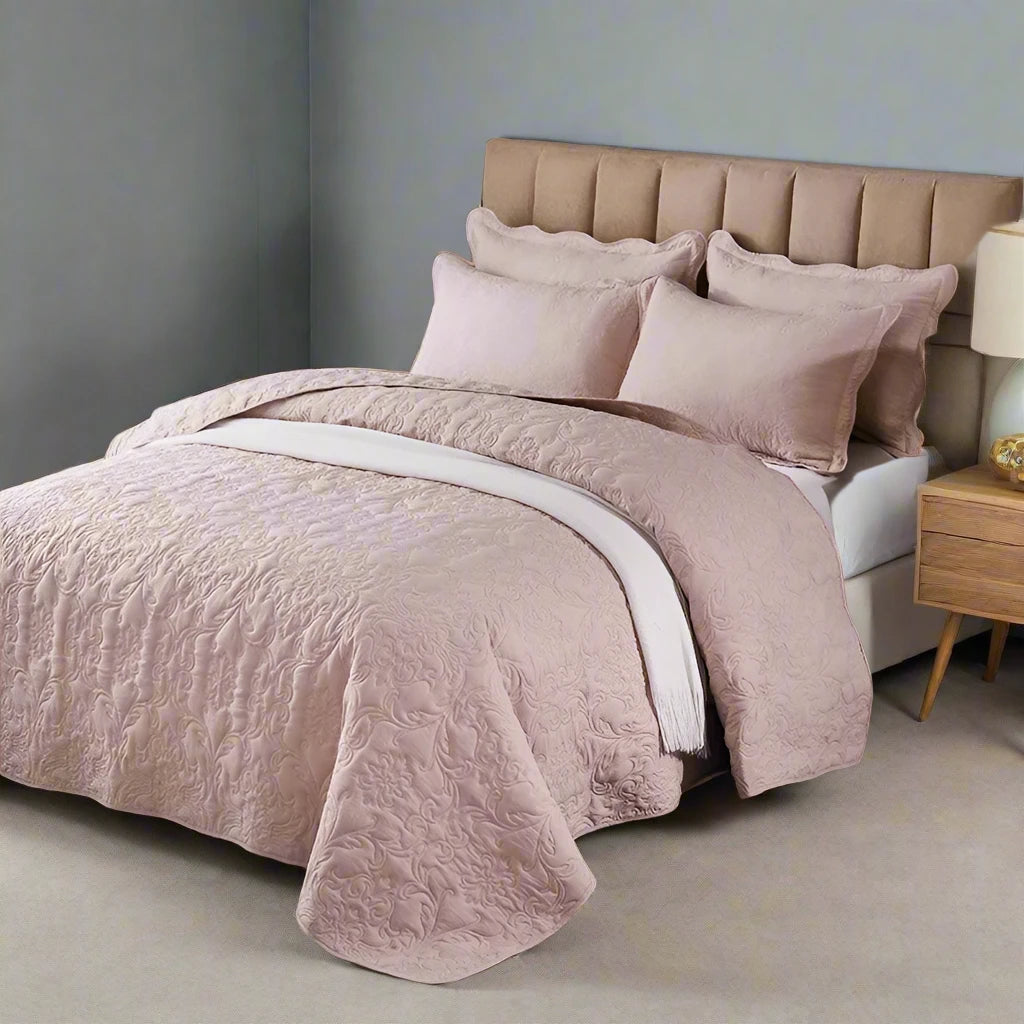 Pink Plain Colour Cotton Blend Quilted Bedspread / Throw Set