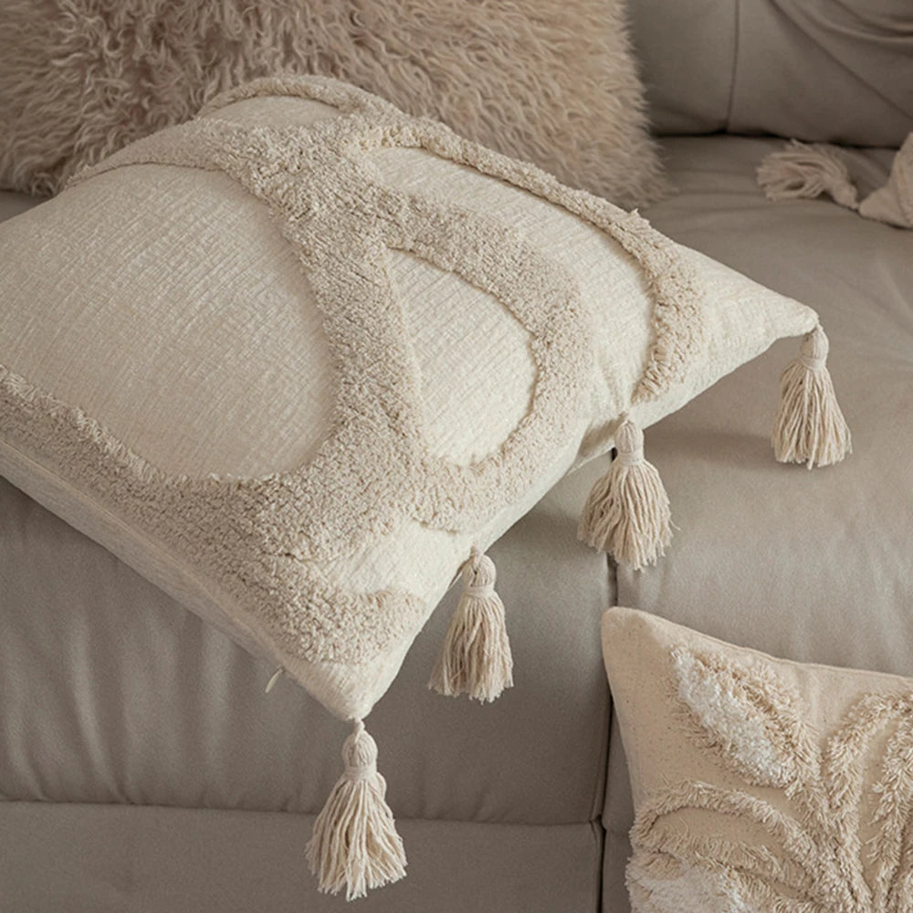 Beige & Cream Tufted and Fluffy Cushion Covers with Tassles