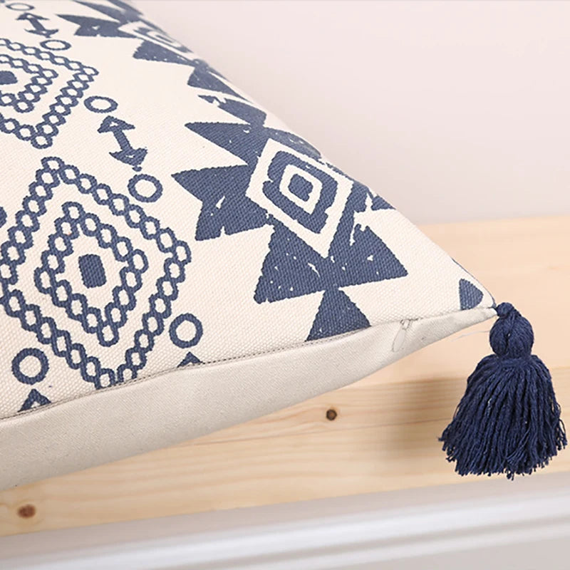 Navy & Cream Ethnic Geometric Print Cushion Covers with Tassles