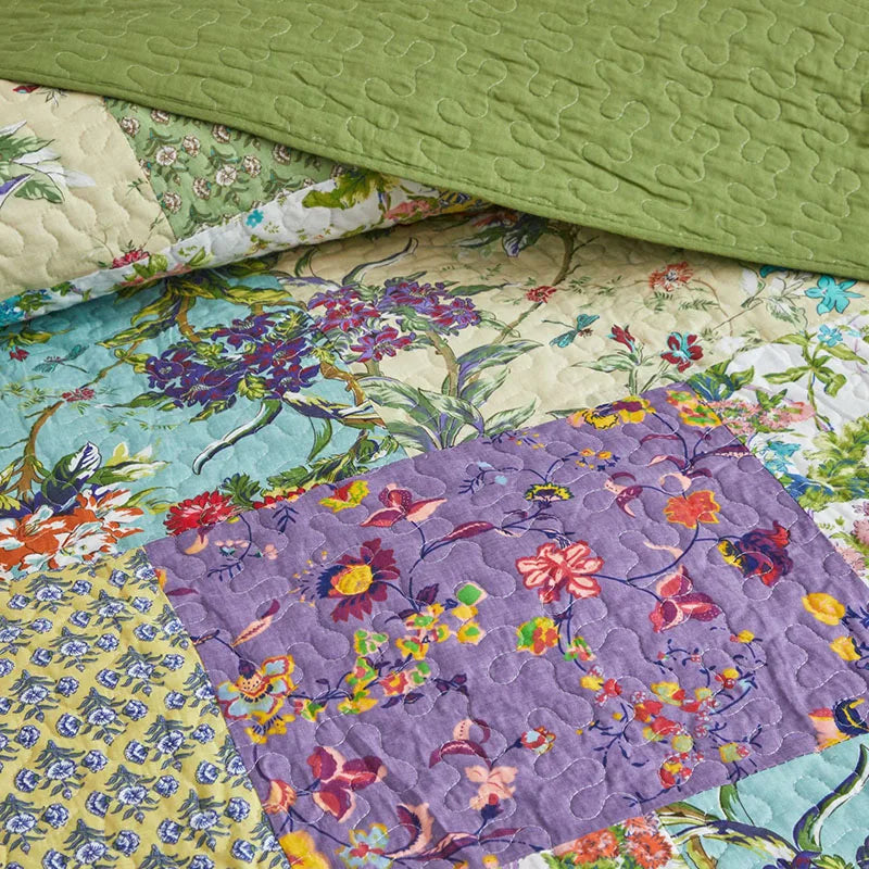 Green Vintage Style Patchwork 100% Cotton 3 Piece Bedspread Set