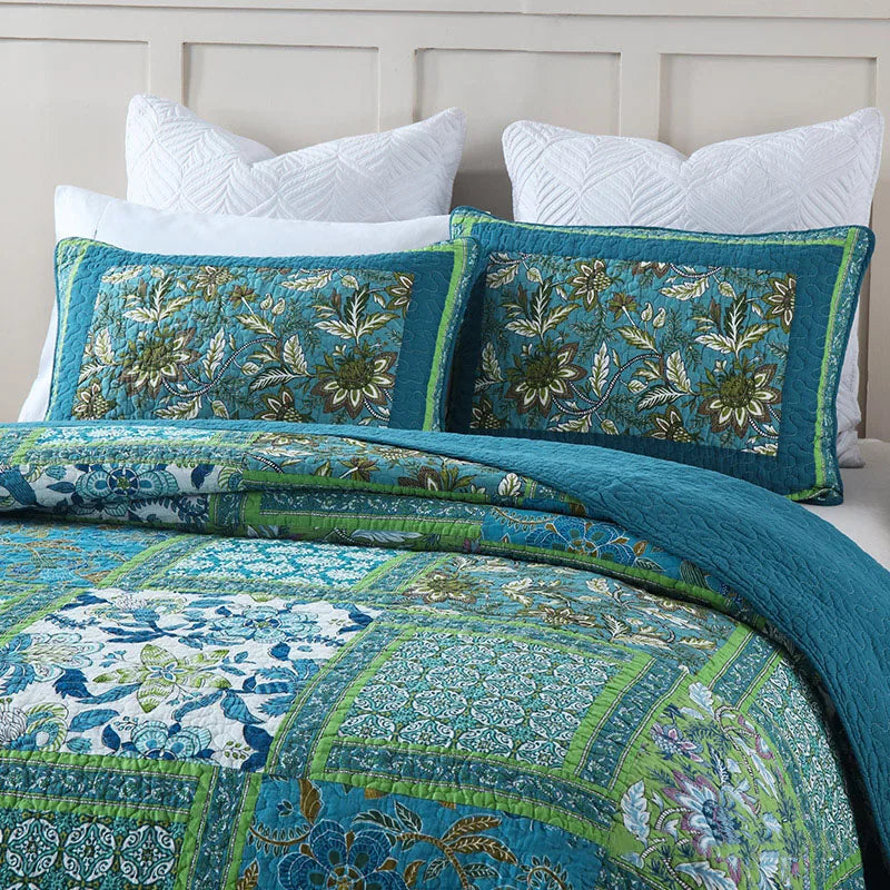 Blue & Green Patchwork Bedspread Set (3 Pieces) 100% Cotton