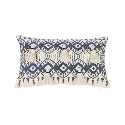 Navy & Cream Ethnic Geometric Print Cushion Covers with Tassles
