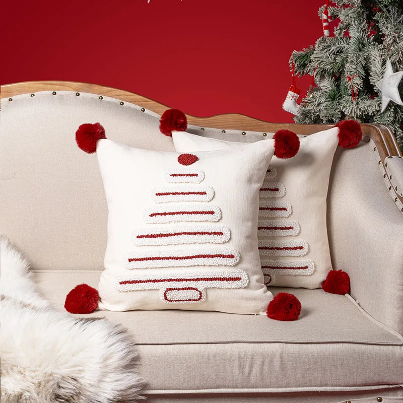 White Tufted Geometric Christmas Tree Cushion Covers with PomPoms - 18in x 18in