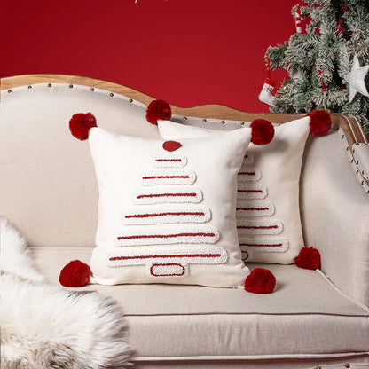 White Tufted Geometric Christmas Tree Cushion Covers with PomPoms - 18in x 18in