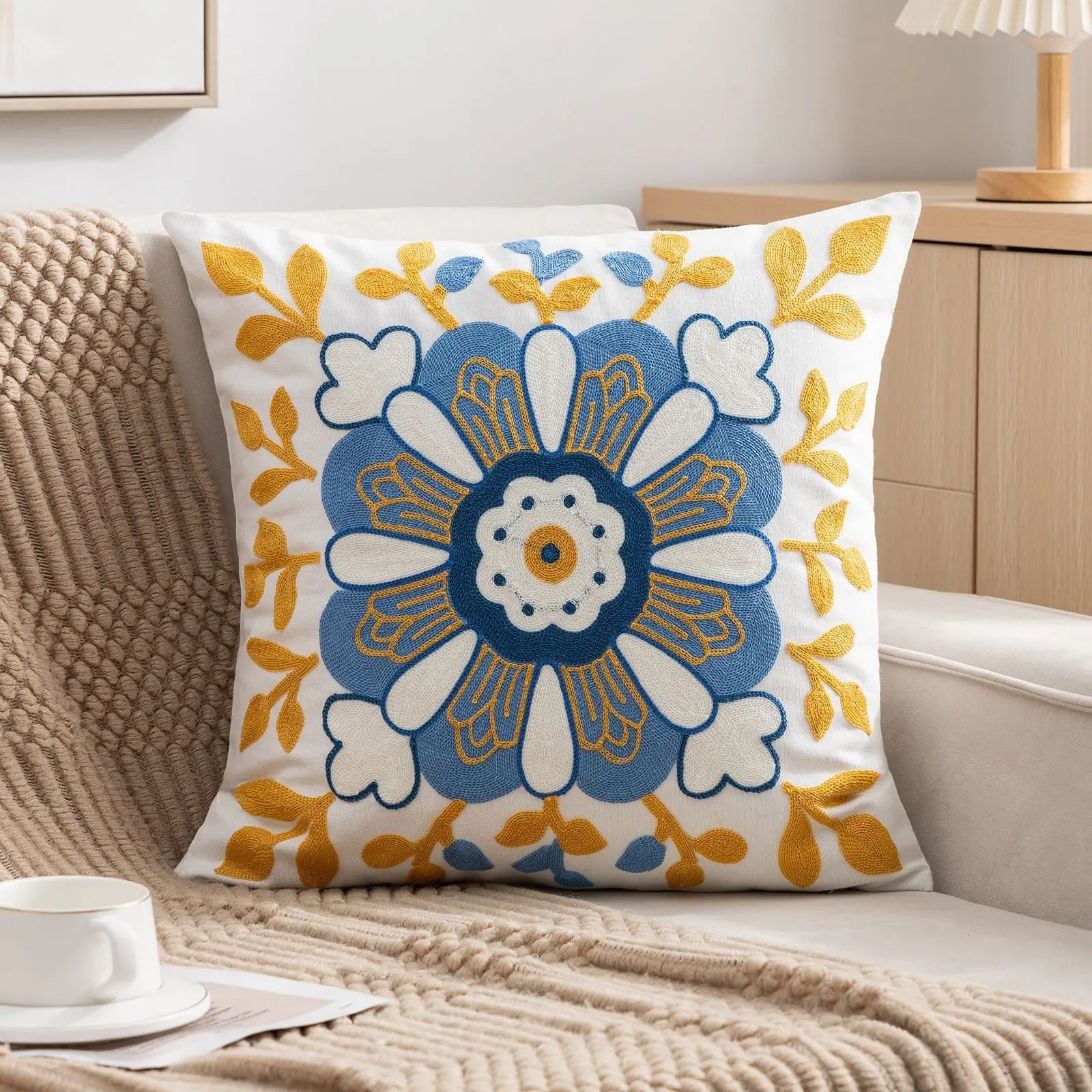 Nordic Floral Blue & Yellow Embroidered Cushion Covers on Cream Canvas