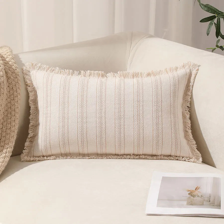 Boho Vintage Style Striped Cushion Covers on Cream Fabric - 12in x 20in (30cm x 50cm)