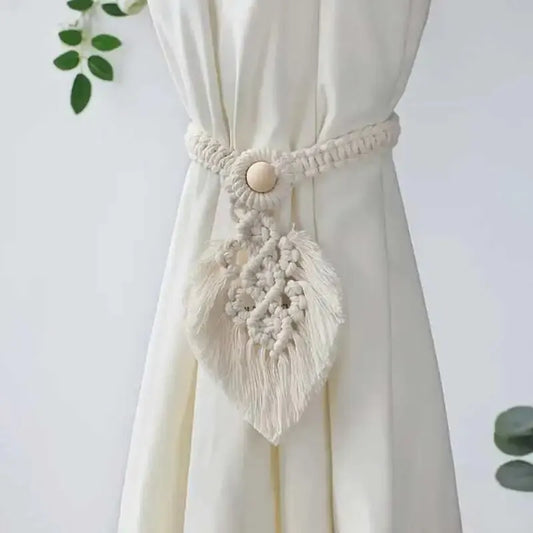 White Boho Macrame Cotton Curtain Tie Tassels