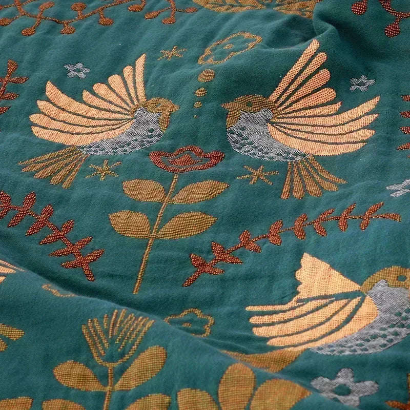 Petrolblue Bird And Floral Boho Bedspread / Sofa Throw