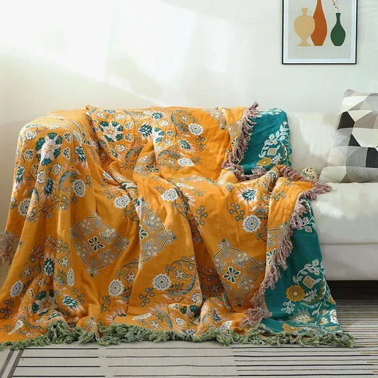 Yellow & Green Floral Cotton Bedspread / Sofa Throw