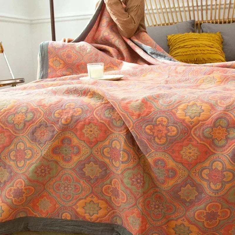Stylish Geometric Floral Bedspread in Various Shades of Orange, Green & Purple
