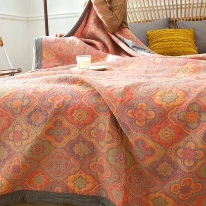 Stylish Geometric Floral Bedspread in Various Shades of Orange, Green & Purple