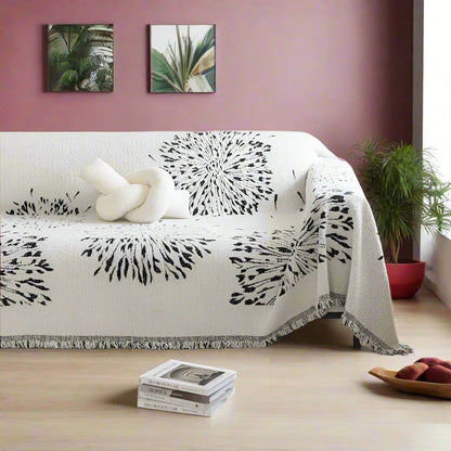 Black Cool Cream Sofa Throw / Bedthrow with Dandelion Patterns