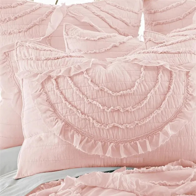 Pink Romantic Modern 3 Piece Bedspread Set with Quilted Lace Applications