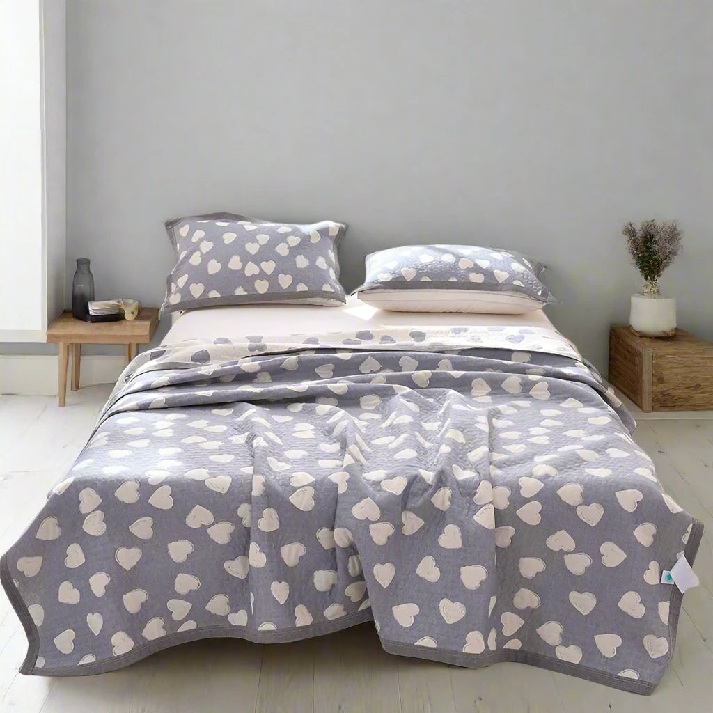 Grey Kingsize Cotton Bedspreads with White Heart Pattern 