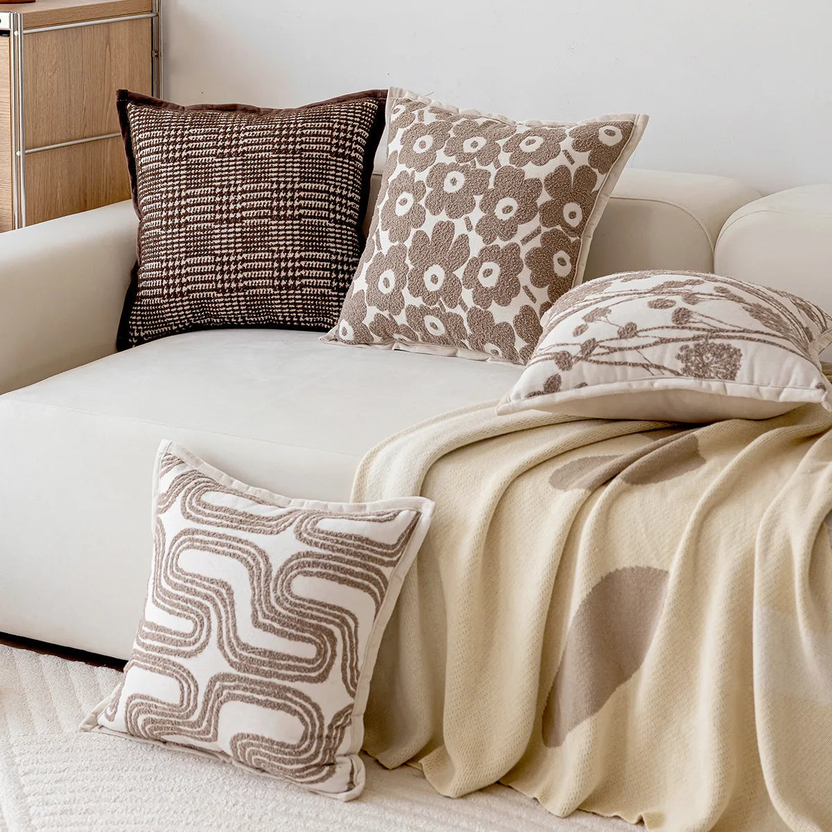 Floral & Arty Tufted Embroidered Cushion Covers in Cream & Beige