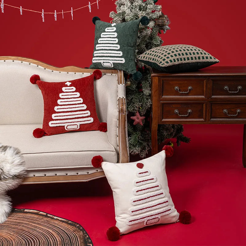 Tufted Geometric Christmas Tree Cushion Covers with PomPoms - 18in x 18in