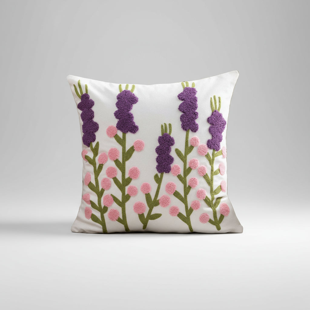 Wild Flower Embroidered Cushion Covers on Off-White Jacquard Canvas