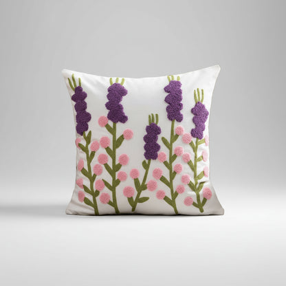 Wild Flower Embroidered Cushion Covers on Off-White Jacquard Canvas