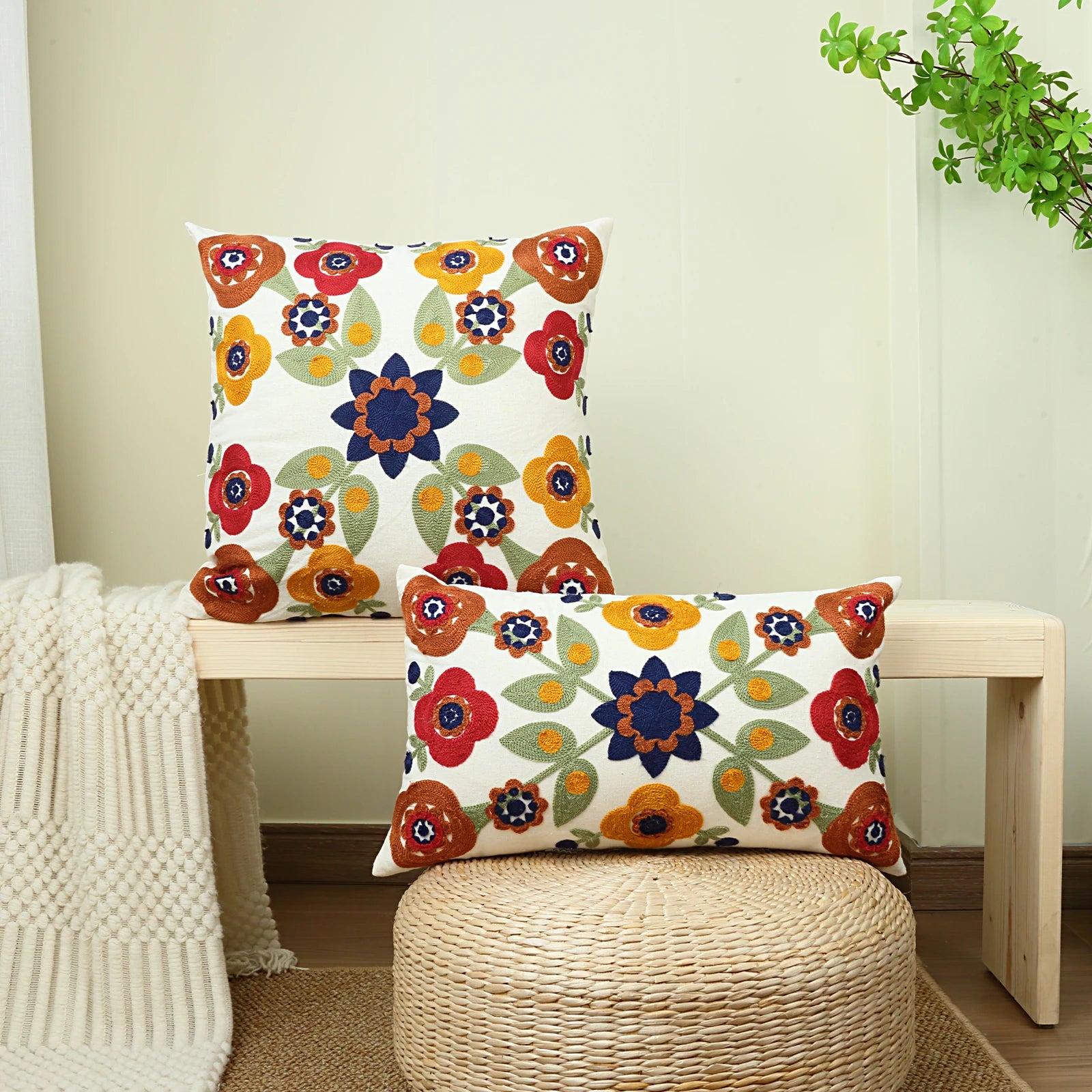 Bright Ethnic Floral Embroidered Cushion Covers - 3 Sizes
