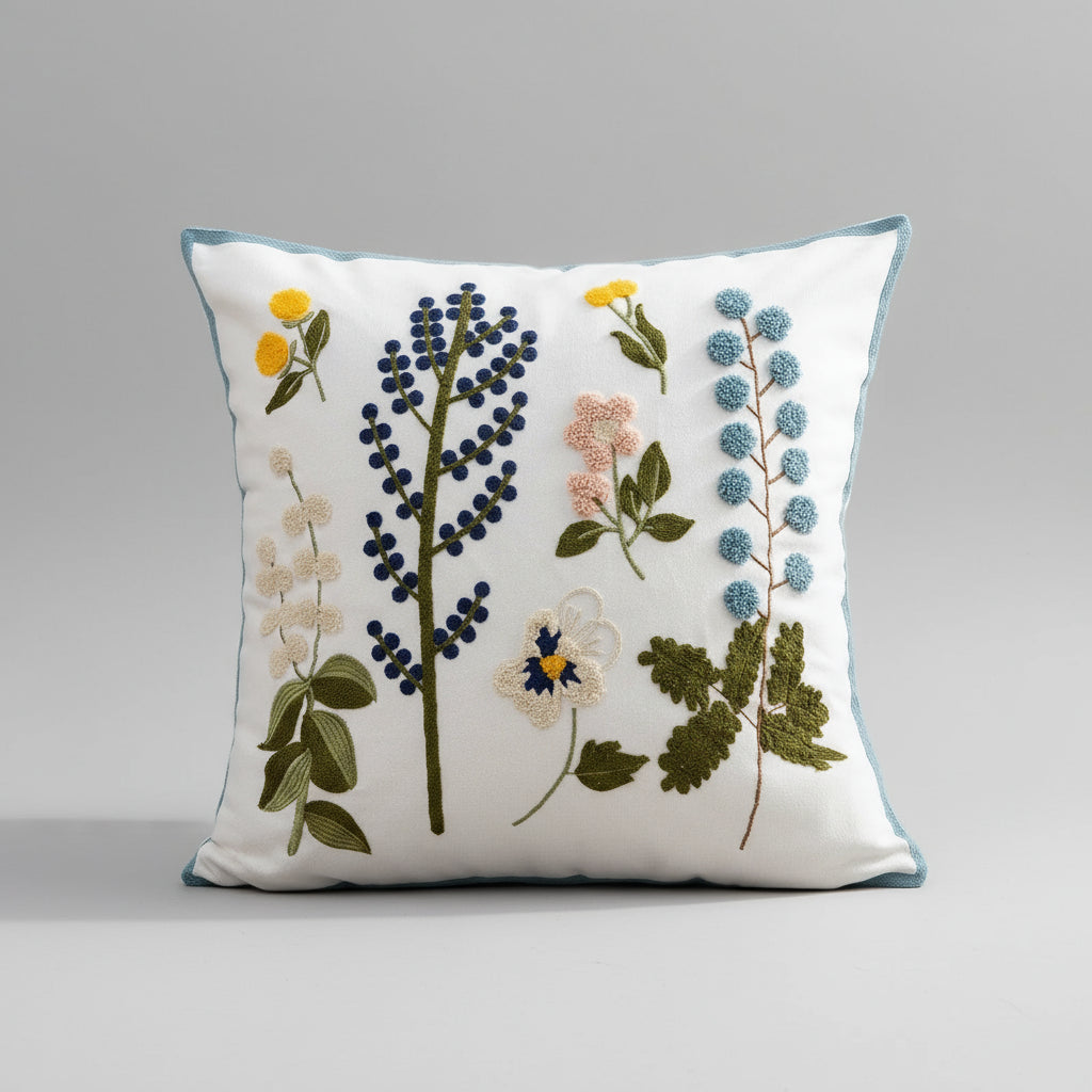 Wild Flower Embroidered Cushion Covers on Off-White Jacquard Canvas