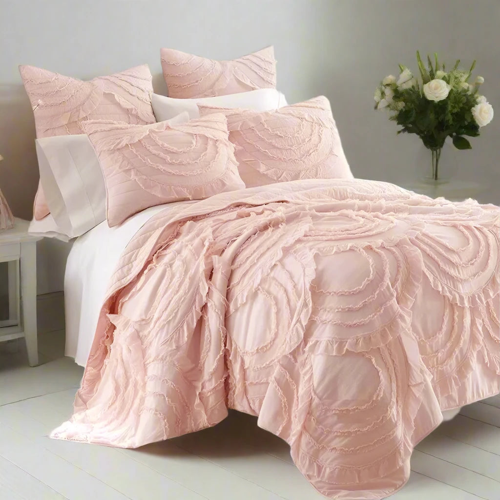 Pink Romantic Modern 3 Piece Bedspread Set with Quilted Lace Applications