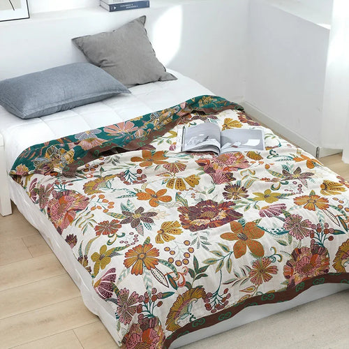 Nordic 100% Cotton Reversible Floral Bedspread / Sofa Throw