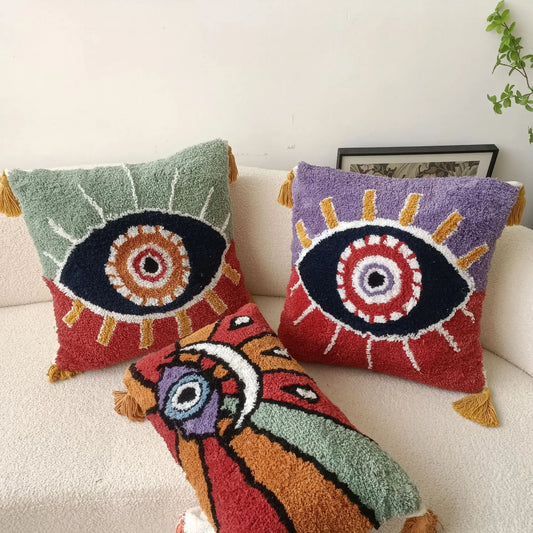 Bright Colour Devil's Eye Tufted Embroidered Cushion Covers With Tassels