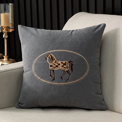 Soft Grey Cushion Covers With Brown Horse Embroidered on the Front 18in x 18in